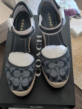 Coach Navy (Denim) Signature Espadrille Wedge Sandals
